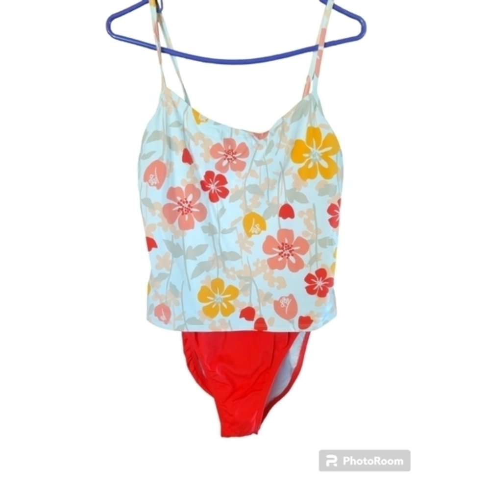JantzenTankini Orange Pink Floral One Piece Swimsuit Size 14 EUC